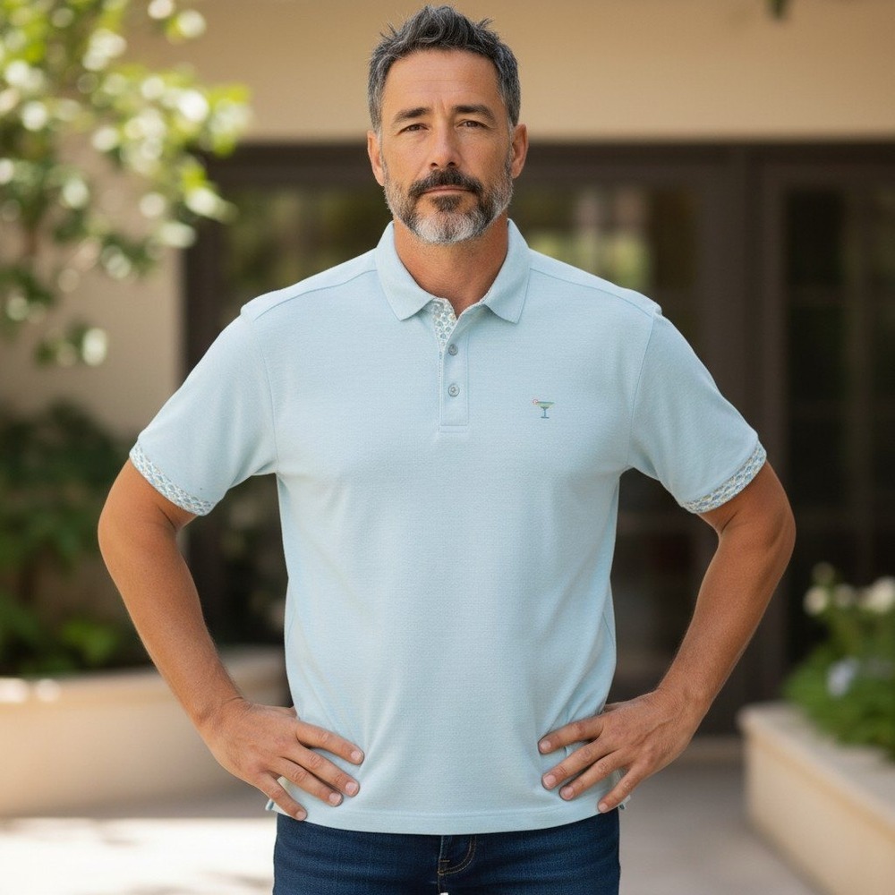 Tommy‎ Bahama Polo XL Light Blue IslandZone Supima Cotton Martini Embroidered